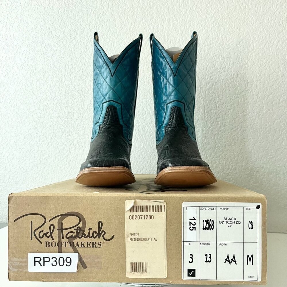 Rod Patrick Mens Cowboy Boots 13 AA Black Ostrich Blue Top Western Square Toe - Picture 11 of 12